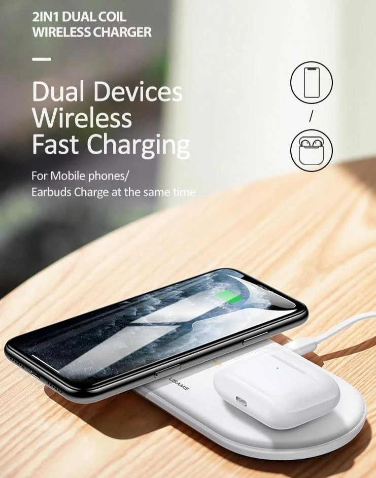 Dual Device Wireless Fast Charger for Mobile Phones and Earbuds - Charge 2 Devices at the Same Time