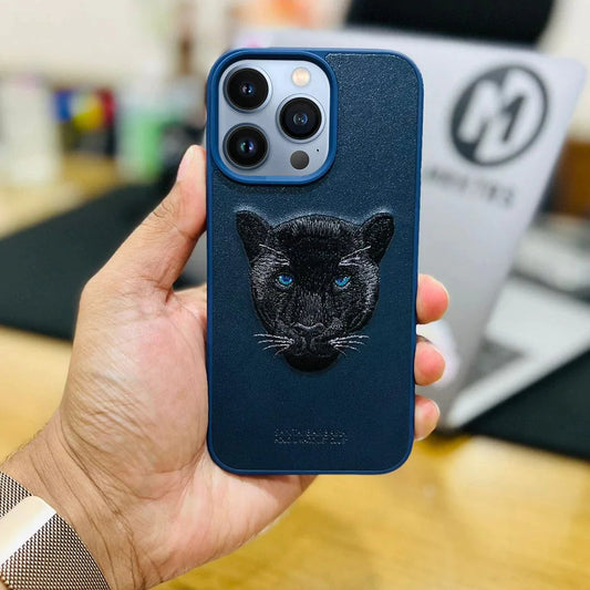 Genuine Santa Barbara Black Panther Embroidery Leather Case Savanna iPhone 14 | iPhone 14+ | iPhone 14 Pro | iPhone 14 Pro Max