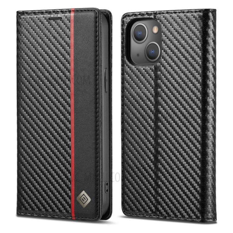 Carbon Fiber Texture Leather Stand Wallet Design With Vertical Red Stripe Flip Cover for iPhone 13 | iPhone 13 Pro | iPhone 13 Pro Max