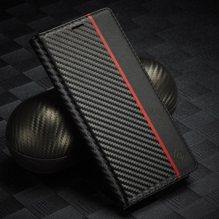 Carbon Fiber Texture Leather Stand Wallet Design With Vertical Red Stripe Flip Cover for iPhone 13 | iPhone 13 Pro | iPhone 13 Pro Max