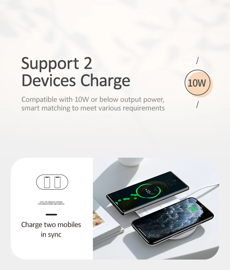 Dual Device Wireless Fast Charger for Mobile Phones and Earbuds - Charge 2 Devices at the Same Time