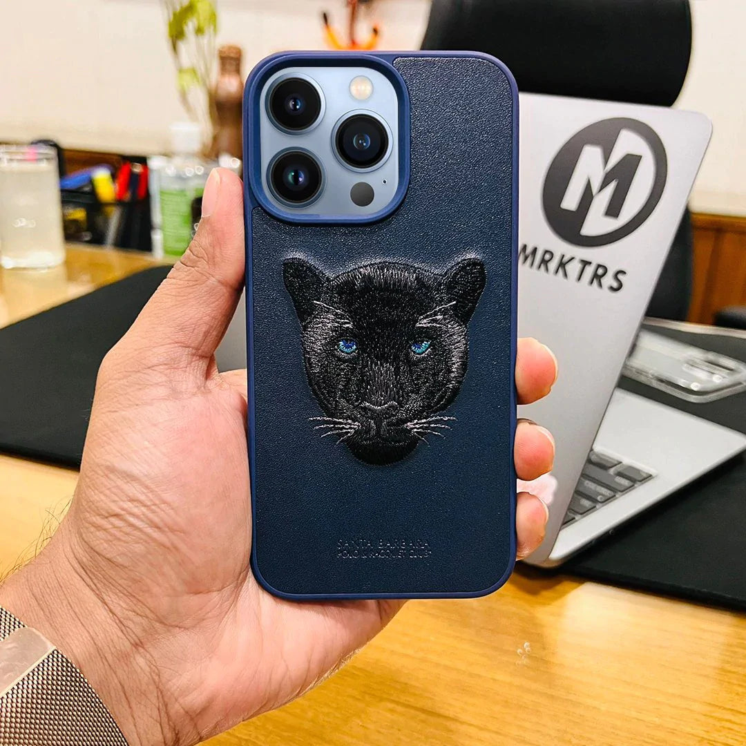 Genuine Santa Barbara Black Panther Embroidery Leather Case Savanna iPhone 14 | iPhone 14+ | iPhone 14 Pro | iPhone 14 Pro Max