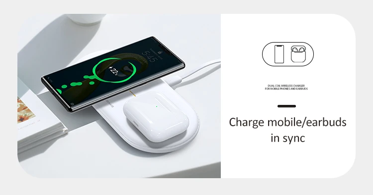 Dual Device Wireless Fast Charger for Mobile Phones and Earbuds - Charge 2 Devices at the Same Time