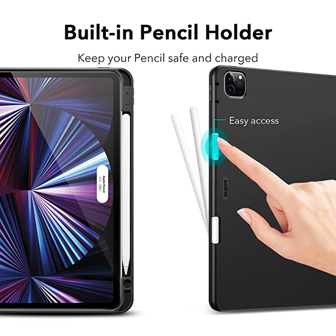 iPad Pro 11 Inch (2022/2021, 4th/3rd Generation), Built-in Pencil Holder, Pencil 2 Support, Flexible Back Cover, Trifold Stand, Auto Sleep/Wake, Rebound Series, Black