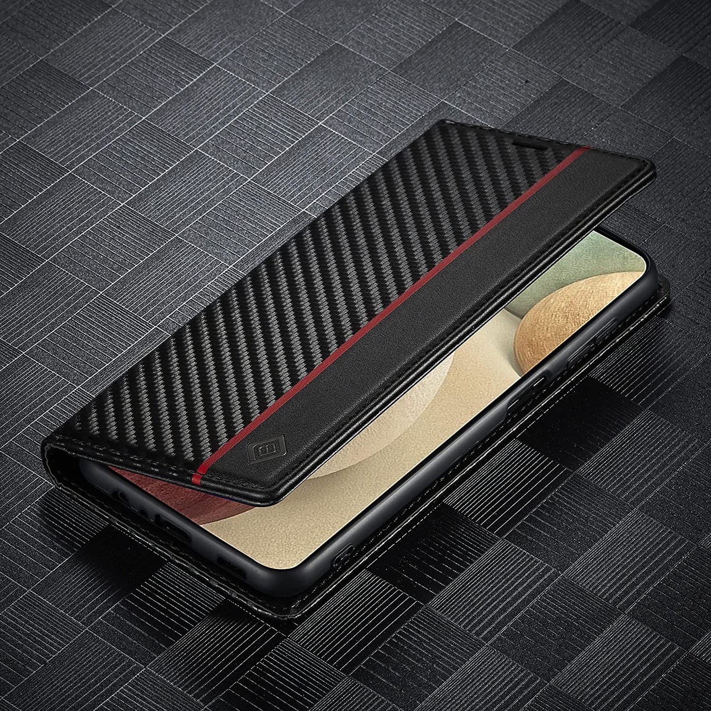 Carbon Fiber Texture Leather Stand Wallet Design With Vertical Red Stripe Flip Cover for iPhone 13 | iPhone 13 Pro | iPhone 13 Pro Max