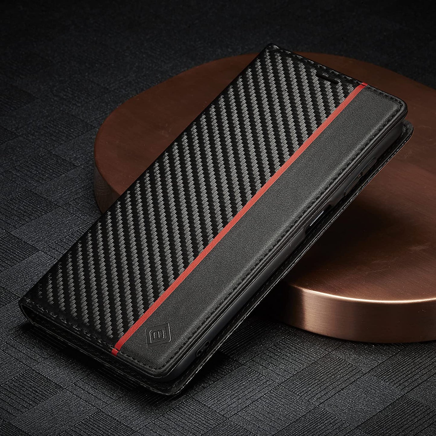 Carbon Fiber Texture Leather Stand Wallet Design With Vertical Red Stripe Flip Cover for iPhone 13 | iPhone 13 Pro | iPhone 13 Pro Max