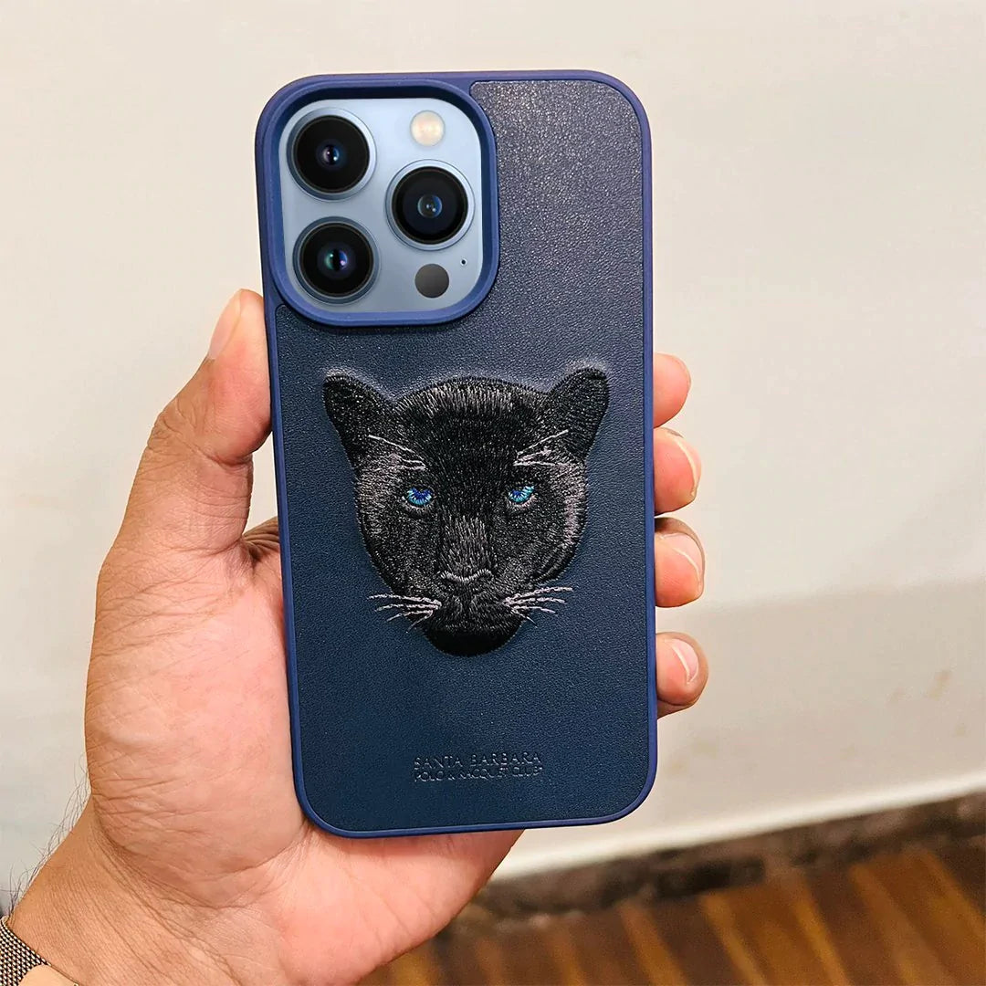 Genuine Santa Barbara Black Panther Embroidery Leather Case Savanna iPhone 14 | iPhone 14+ | iPhone 14 Pro | iPhone 14 Pro Max